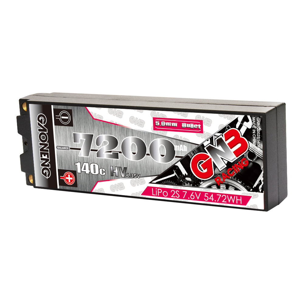 GNB 7200mAh 2S 7.6V LiHV hard case LiPo battery label showing 140C and 54.72Wh rating