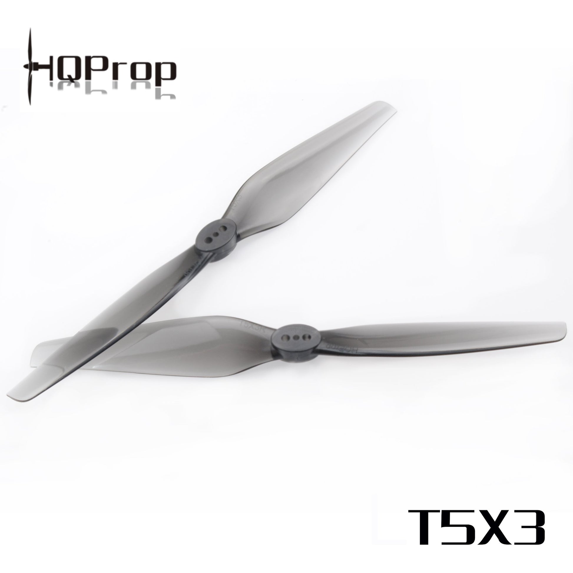 HQProp T5X3 5x3 grey 2-blade propeller set product graphic with HQProp logo and T5X3 text