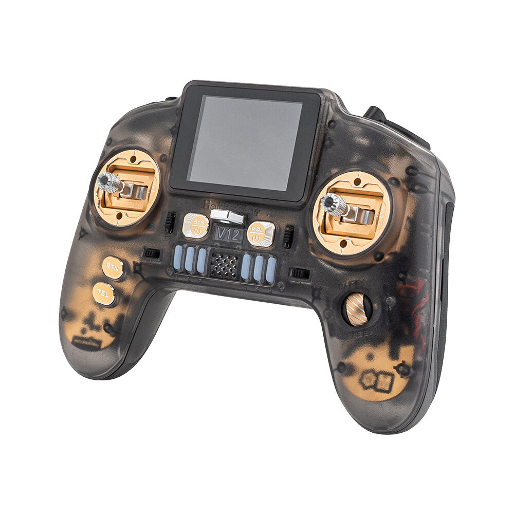 HelloRadioSky V12 CNCMAX ExpressLRS transmitter, translucent case with gold CNC gimbal plates and 2.4in screen