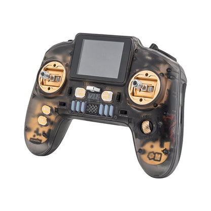 HelloRadioSky V12 CNCMAX ExpressLRS transmitter, translucent case with gold CNC gimbal plates and 2.4in screen