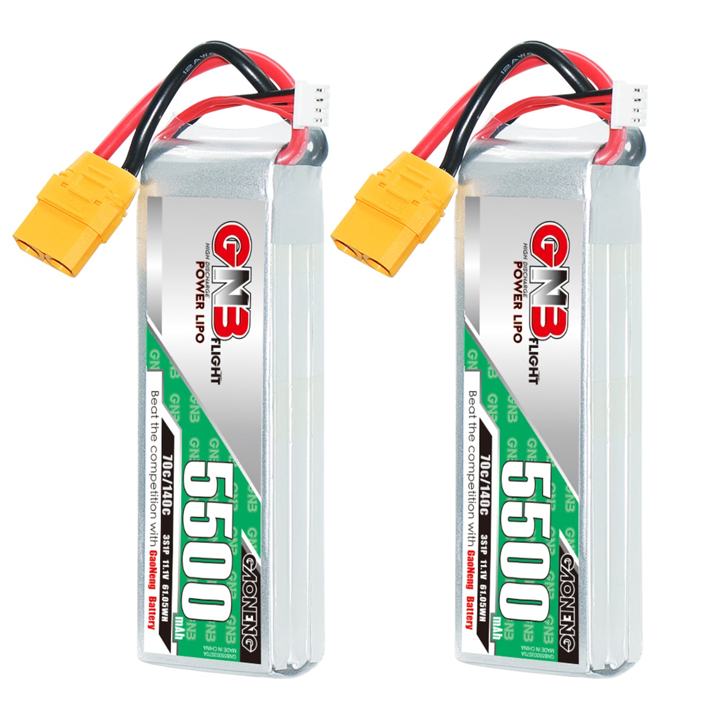 Two GAONENG GNB 5500mAh LiPo packs shown upright with XT90 connectors and balance leads