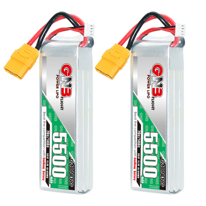 Two GAONENG GNB 5500mAh LiPo packs shown upright with XT90 connectors and balance leads
