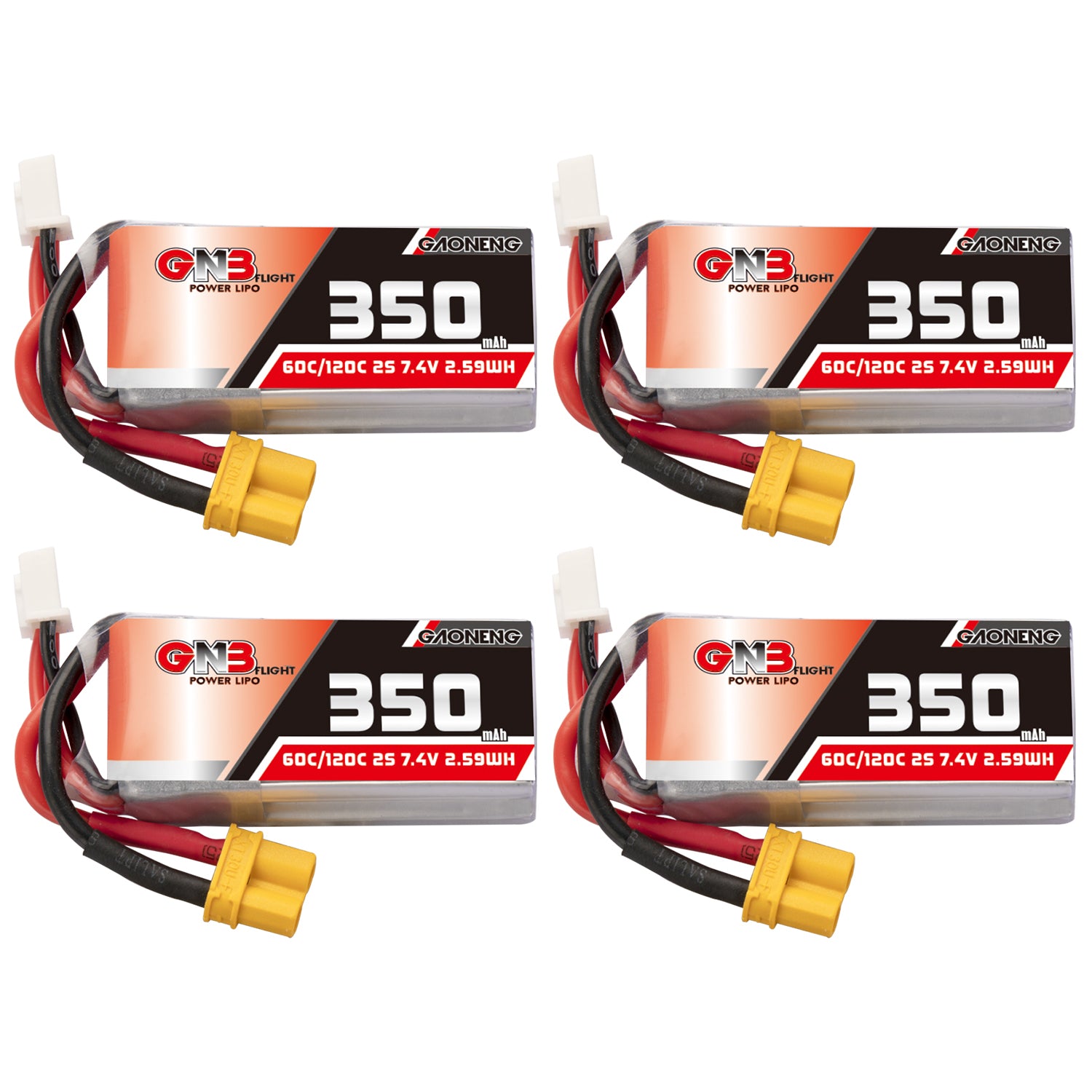 Four-pack GAONENG GNB 350mAh 2S 7.4V 60C LiPo batteries with yellow XT30 plug and balance lead