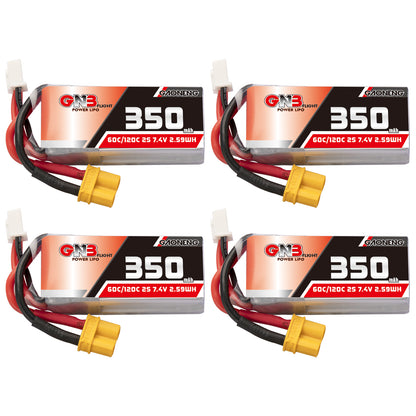 Four-pack GAONENG GNB 350mAh 2S 7.4V 60C LiPo batteries with yellow XT30 plug and balance lead