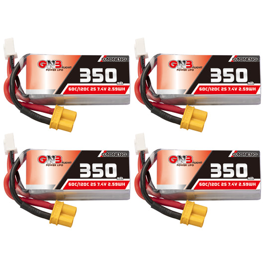 Four-pack GAONENG GNB 350mAh 2S 7.4V 60C LiPo batteries with yellow XT30 plug and balance lead