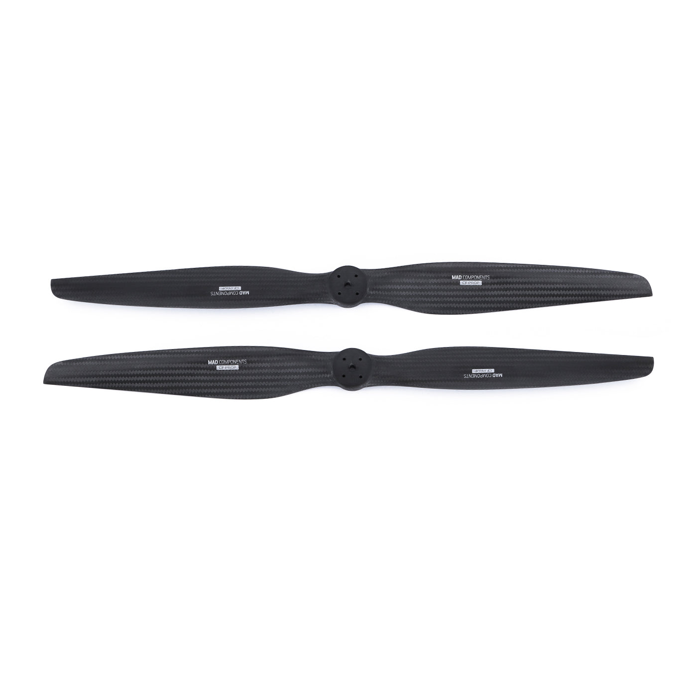 Pair of MAD FLUXER VTOL carbon fiber propeller blades with black weave finish and center mounting holes