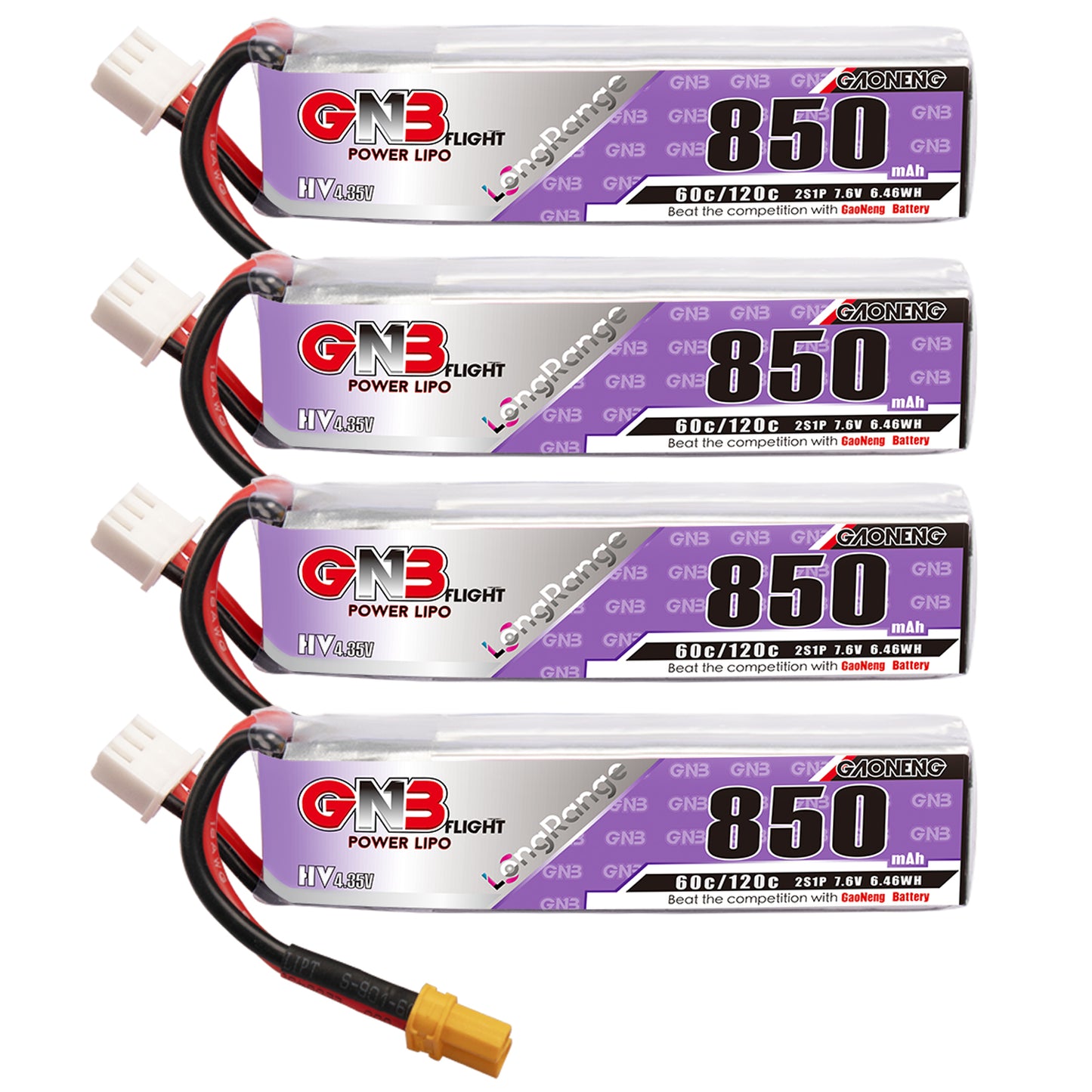 GNB 850mAh 2S LiHV 7.6V 60C/120C LiPo battery with XT30 lead, four-pack shown