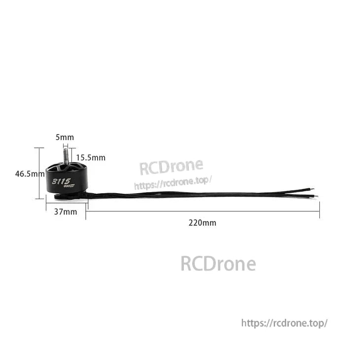 DarwinFPV 3115 900KV Brushless Motor, The DarwinFPV 3115 900KV motor features 46.5mm height, 37mm width, 220mm wires, 5mm shaft, and 15.5mm diameter—ideal for high-performance FPV drones.
