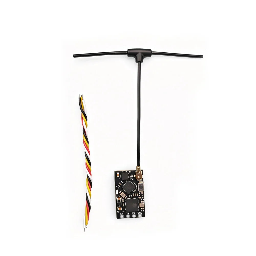 DarwinFPV ELRS 2.4G Nano Receiver kit with T antenna and 4-wire lead on white background