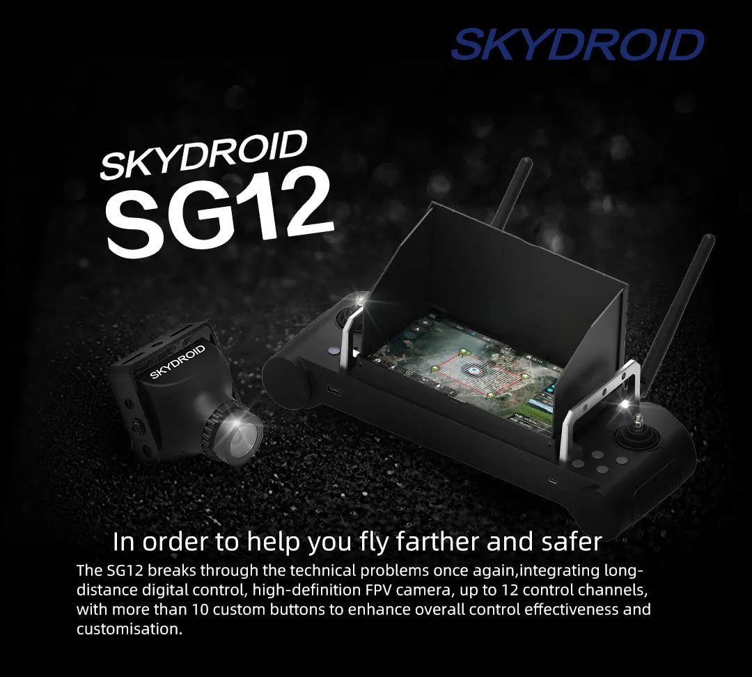 Skydroid SG12 Remote Controller, Advanced remote control with long-distance digital control, HD FPV camera, and customizable buttons for enhanced flying experiences.