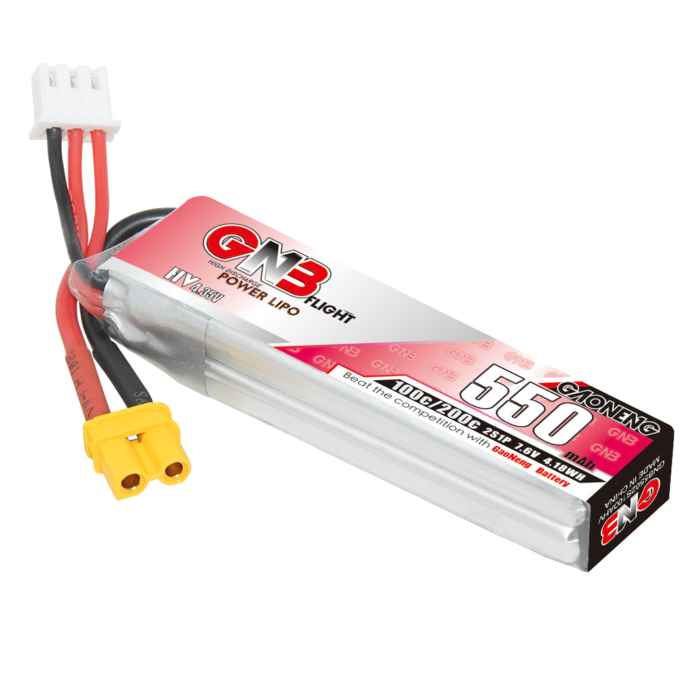Close-up of GNB 550mAh 2S 7.6V LiHV battery label with XT30 connector and 3-pin balance plug