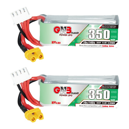 GAONENG GNB 3S 11.4V 350mAh 70C LiHV LiPo Battery with XT30 plug and balance lead, side label view