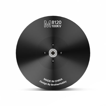 BrotherHobby MAX 8120 Motor, Top view of BrotherHobby MAX 8120 100KV brushless motor bell with central shaft hole and four mounting holes