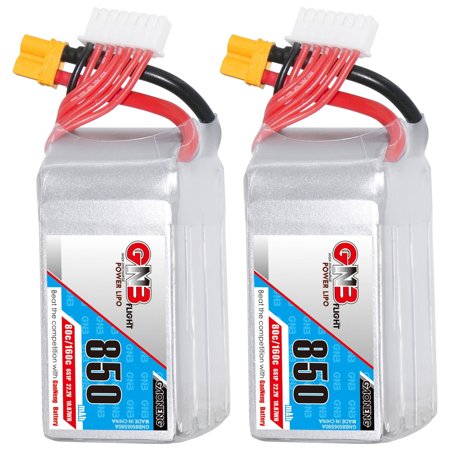 GAONENG GNB850 6S 22.2V 850mAh 80C LiPo battery with XT30 connector, front label view