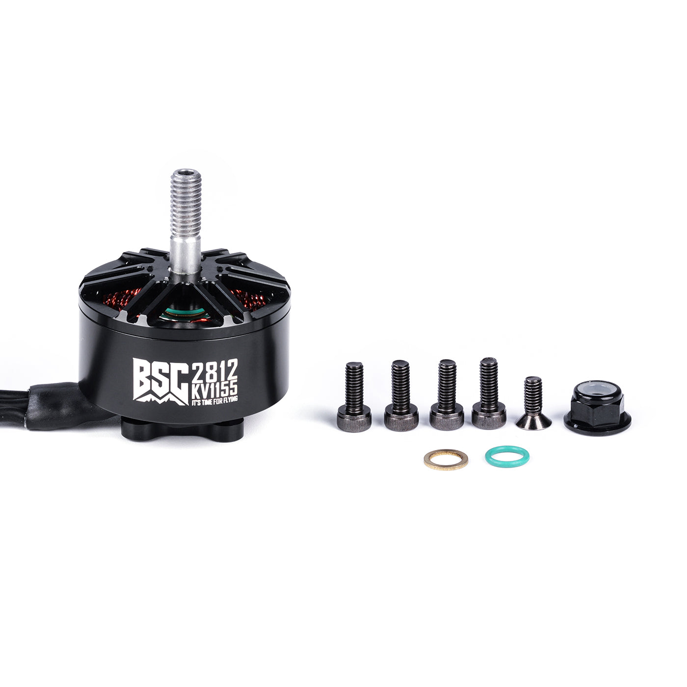 MAD BSC2812 V1.0 FPV Drone Motor, MAD BSC2812 KV1155 FPV drone brushless motor with threaded shaft, mounting screws, washers and nut