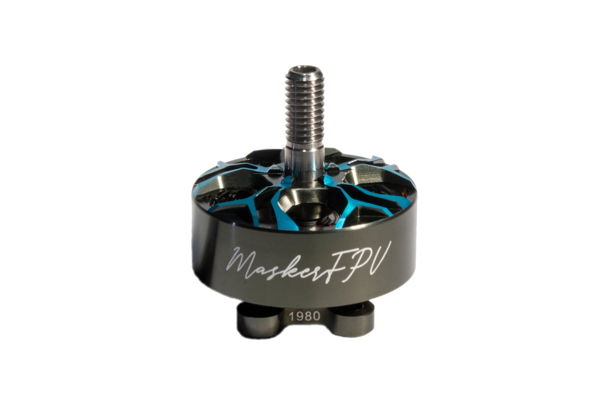Flux 2207 motor side view showing 'MaskerFPV' script and 1980 marking on base