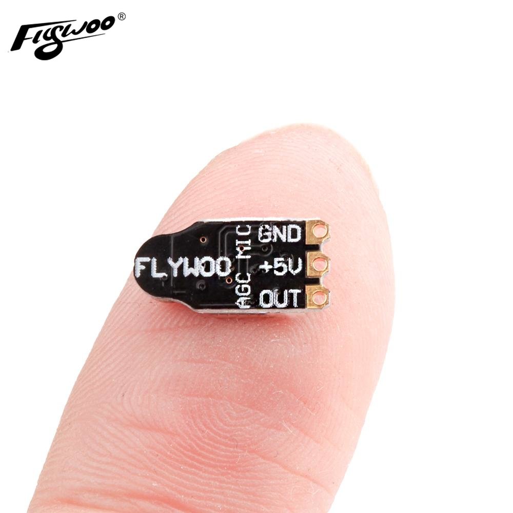 Flywoo AGC-MIC Nano VTX microphone module with solder pads labeled GND, +5V and OUT