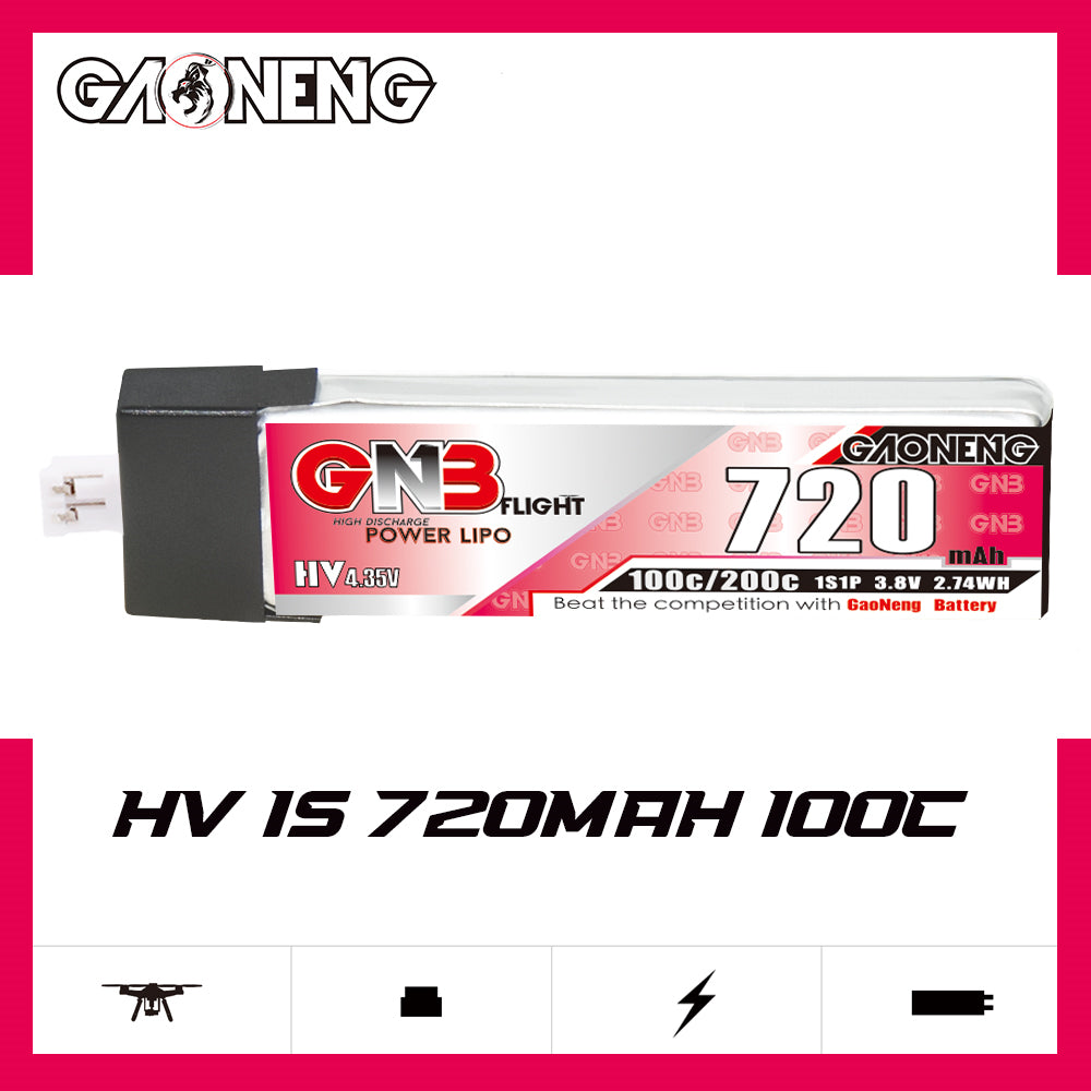 GAONENG GNB 720mAh HV LiPo battery 100C label close-up showing 1S 3.8V and 2.74Wh markings