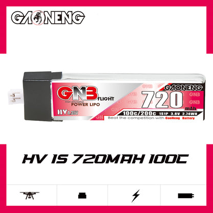 GAONENG GNB 720mAh HV LiPo battery 100C label close-up showing 1S 3.8V and 2.74Wh markings