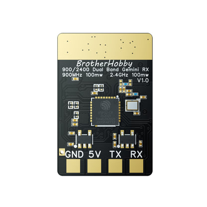 BrotherHobby 900/2400 dual band Gemini RX ExpressLRS receiver board with GND 5V TX RX solder pads
