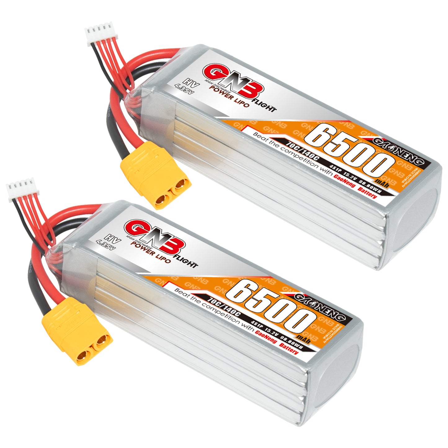 Two GAONENG GNB 6500mAh HV 4S LiPo batteries shown with XT90 connectors and balance leads