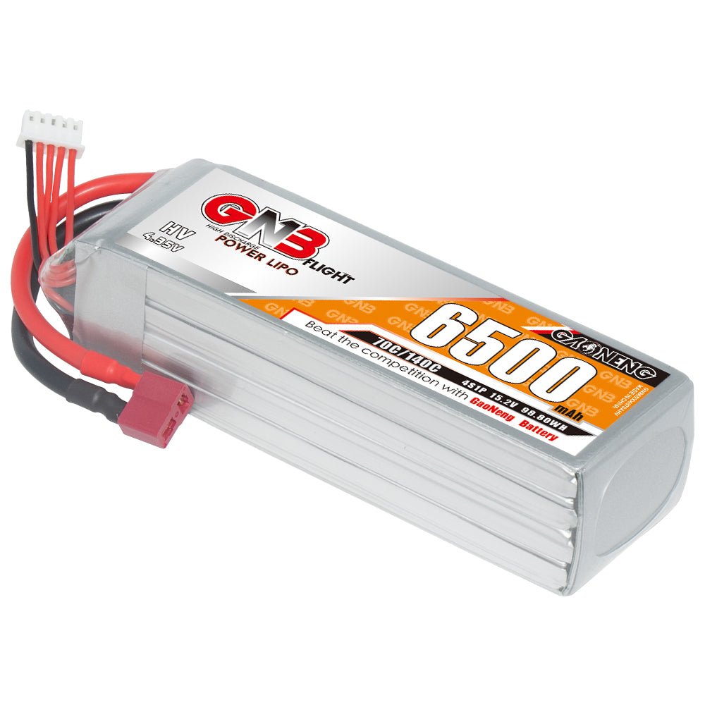 Angled view of GNB 6500mAh 4S HV LiPo battery showing case shape, T-plug lead, and balance plug