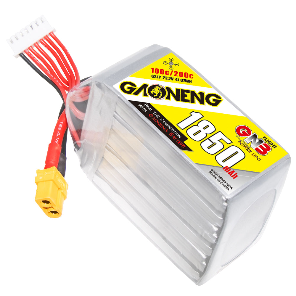 Single GAONENG 6S 22.2V 1850mAh 100C graphene LiPo battery angled view with XT60 plug
