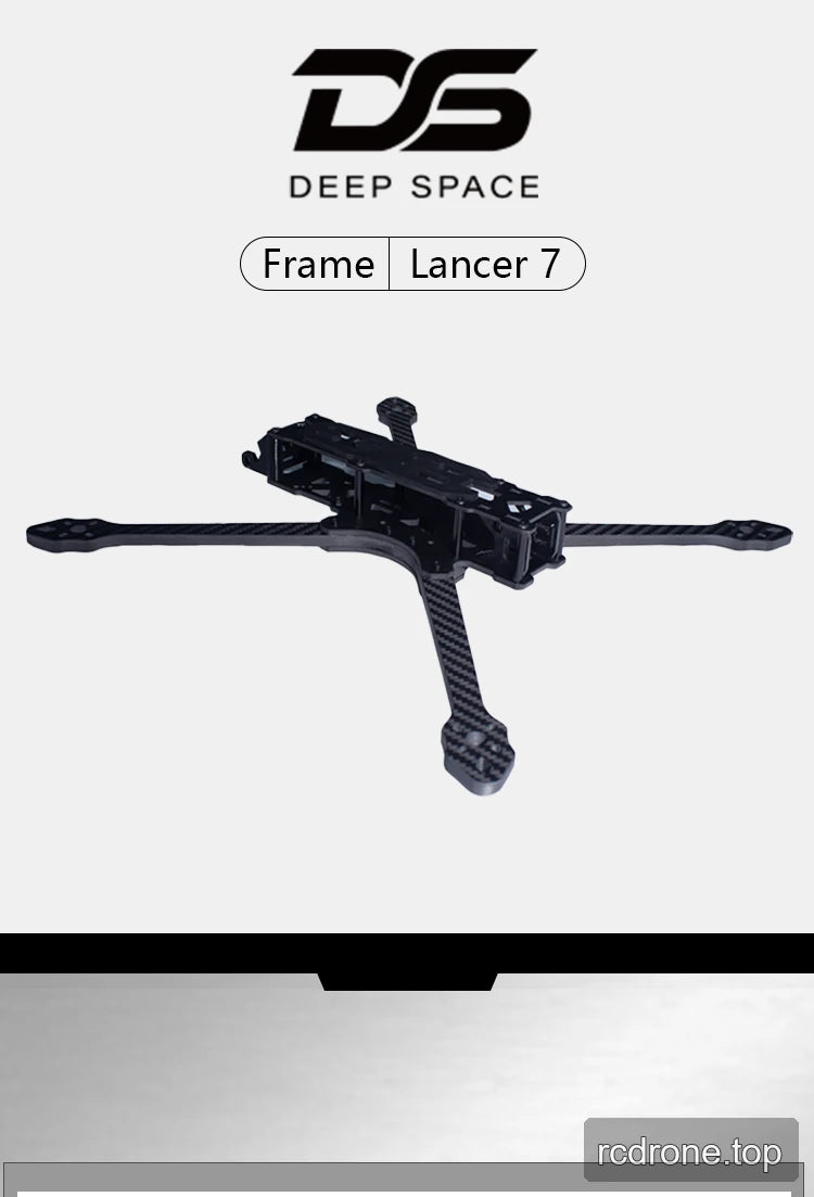 Deep Space Lancer 7 FPV frame with carbon-fiber arms and raised center structure — section 1 of 3