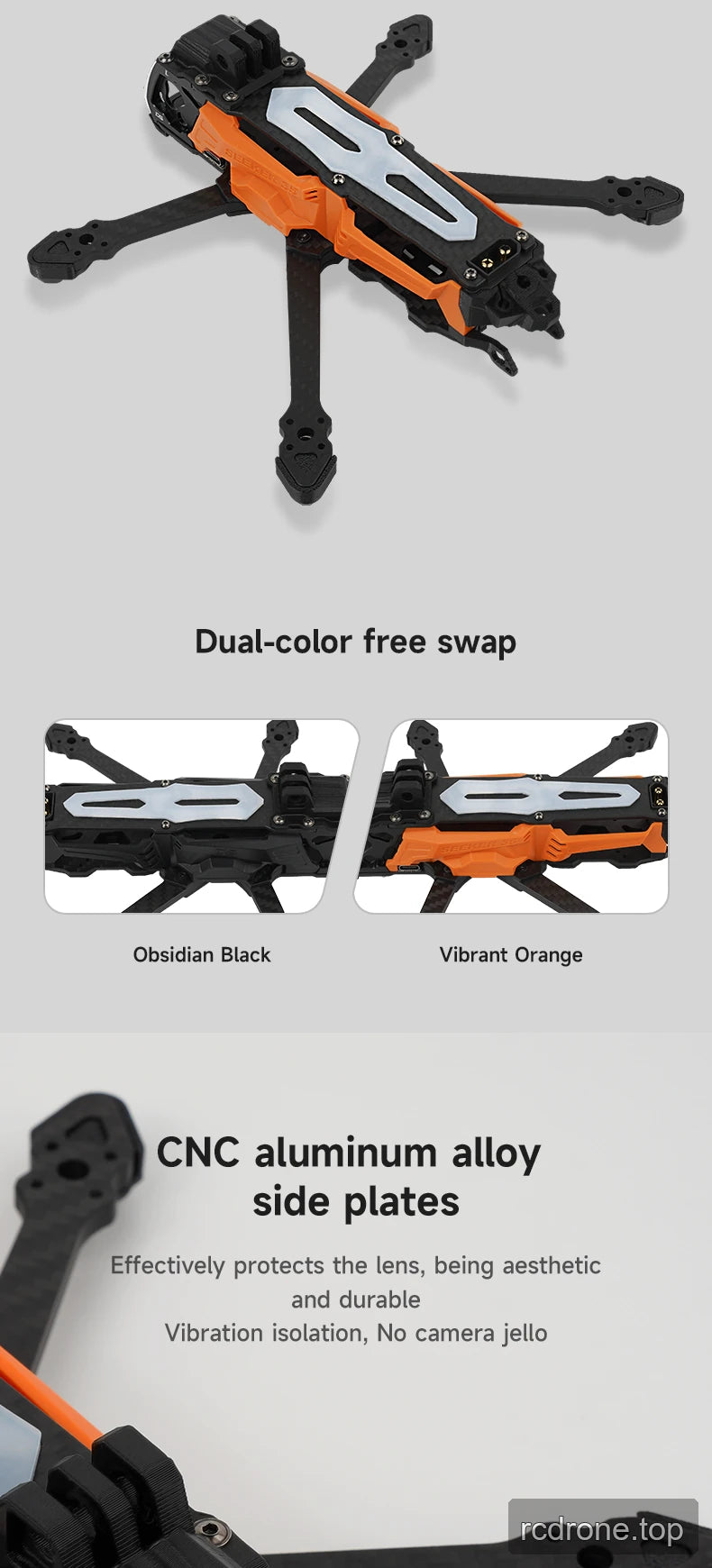 Deep Space SEEKER35 FPV frame with DC and XL configuration callouts — section 3 of 8