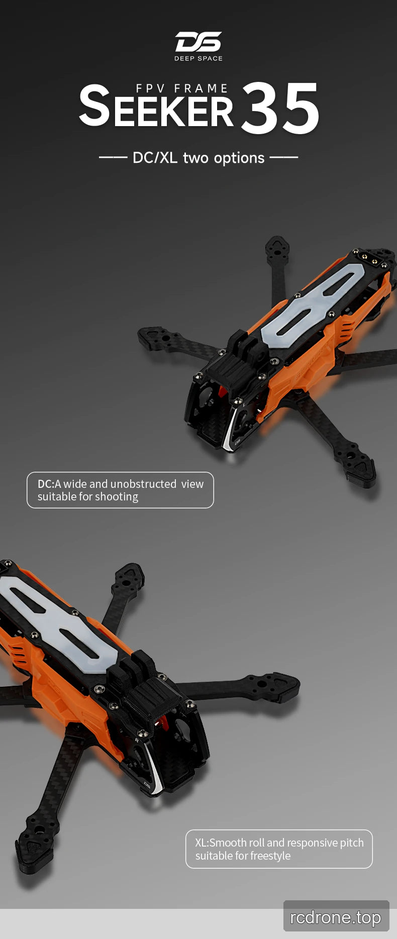 Deep Space SEEKER35 FPV frame with DC and XL configuration callouts — section 1 of 8