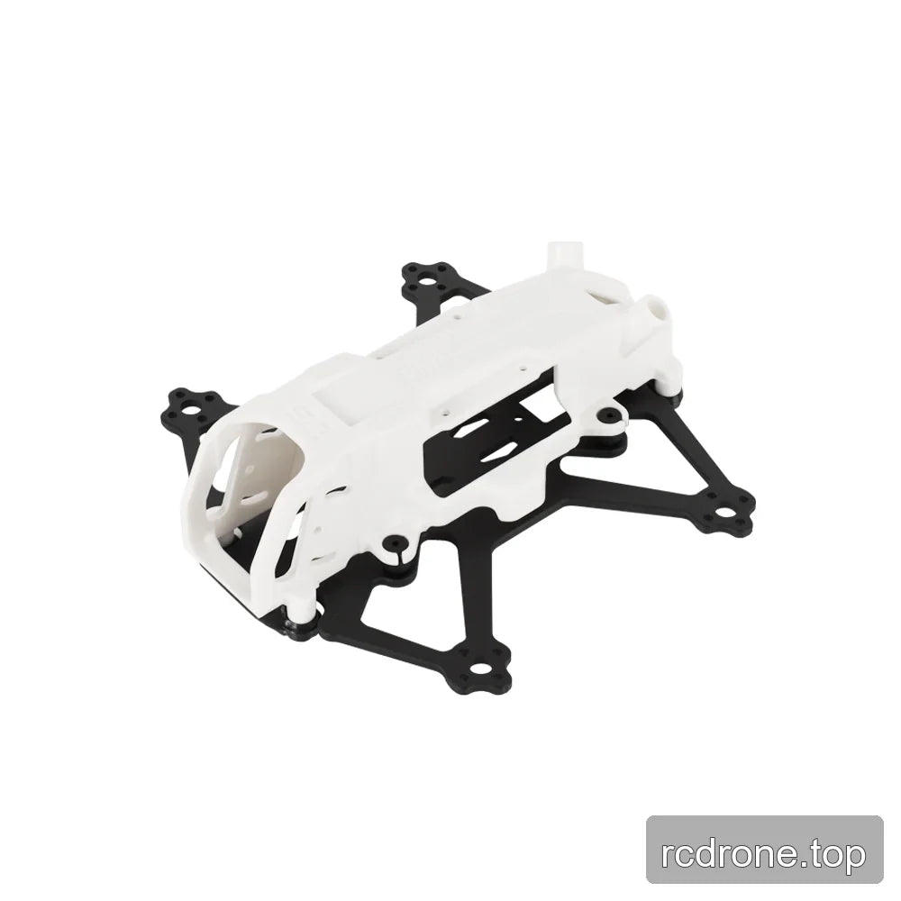 White and black DeepSpace DINO 20 FPV frame kit in a three-quarter front-left view with camera cage and arm layout.
