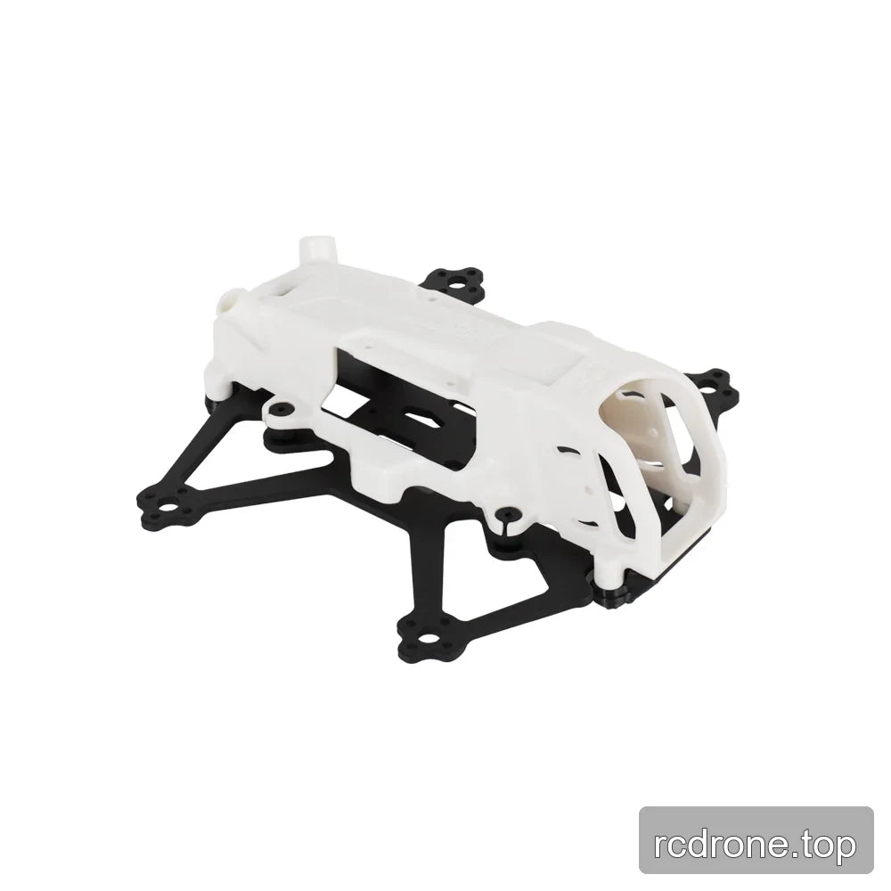 White and black DeepSpace DINO 20 FPV frame kit shown from the front-right, highlighting the camera cage opening.
