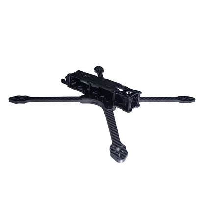 DeepSpace Lancer 7 MK1 carbon fiber FPV frame kit shown from a low front-side angle on white.