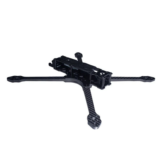DeepSpace Lancer 7 MK1 carbon fiber FPV frame kit shown from a low front-side angle on white.