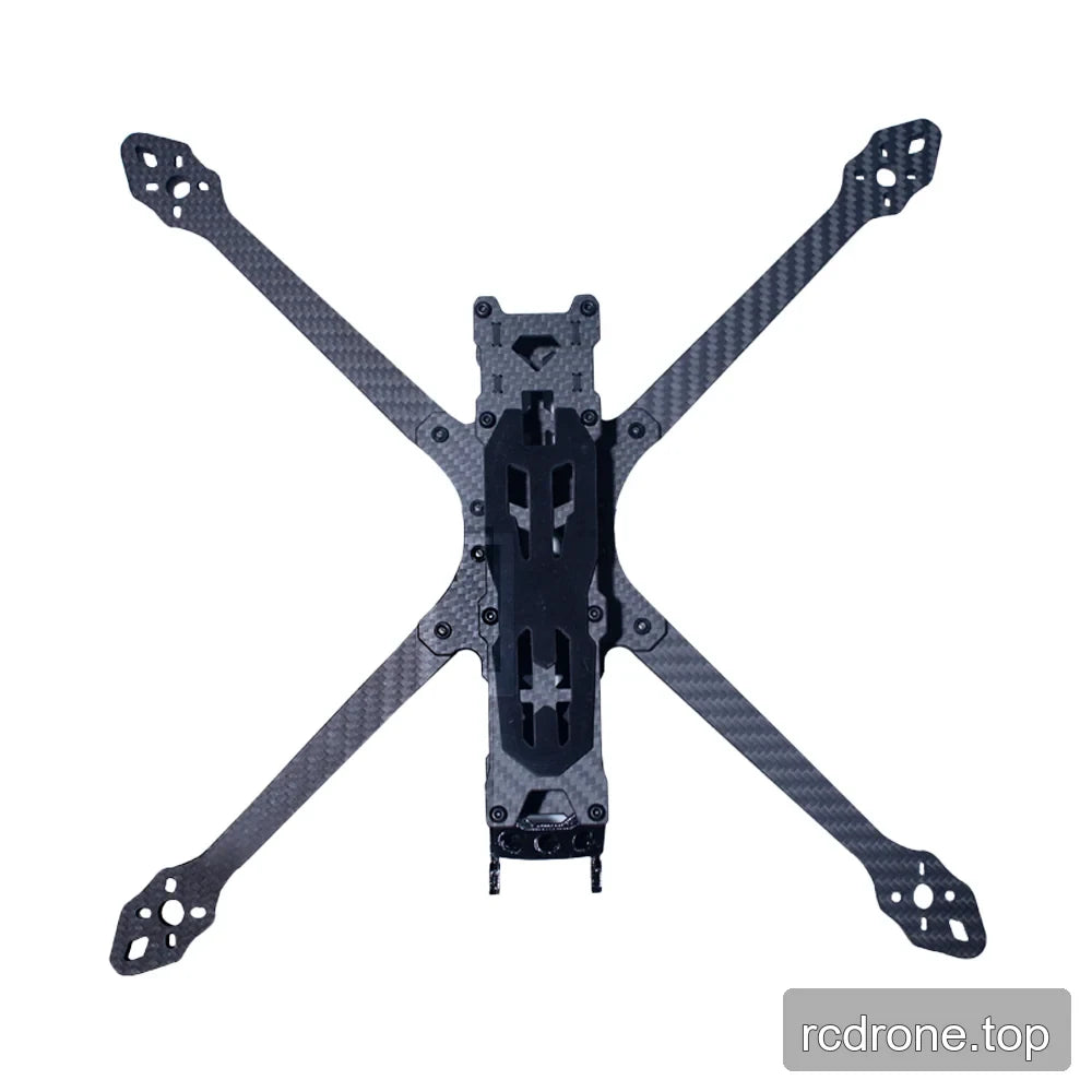 Top-down view of the DeepSpace Lancer 7 MK1 carbon fiber FPV frame kit, showing the X-shaped arms and top plate.
