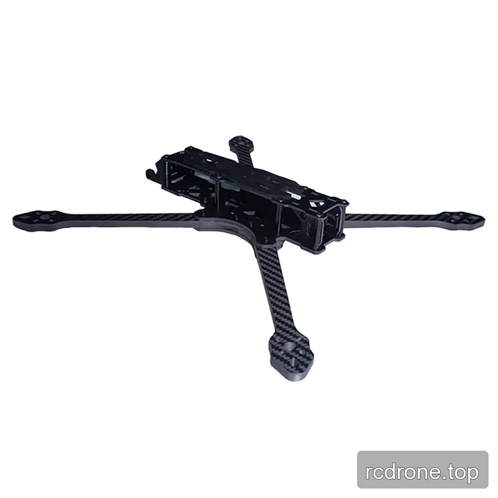 DeepSpace Lancer 7 MK1 carbon fiber FPV frame kit shown from a low rear-side angle with the central frame cage.