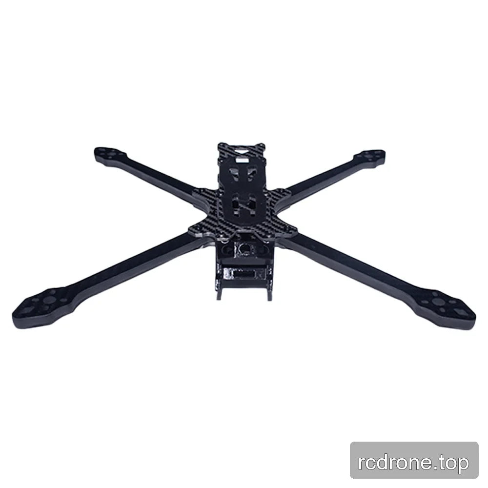 DeepSpace Lancer 7 MK1 carbon fiber FPV frame kit shown head-on with four arms, front cage, and upright rear plate.