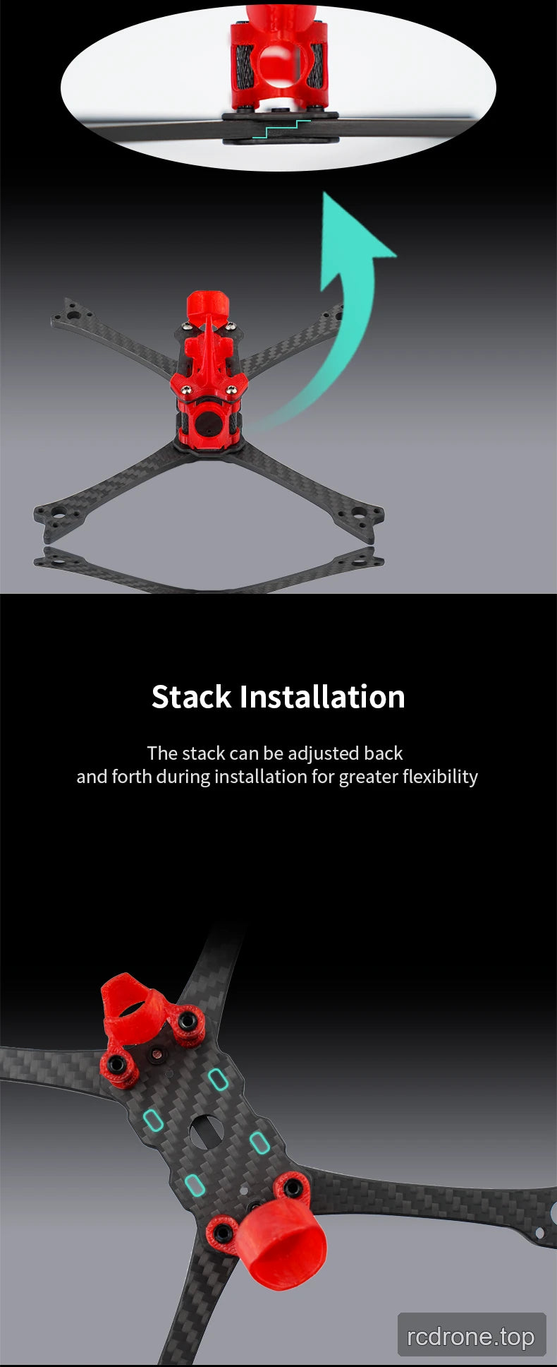 DeepSpace Raven5 racing FPV frame with carbon-fiber arms and red TPU components — section 3 of 7