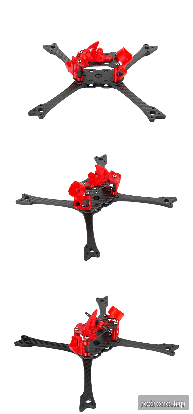 DeepSpace Raven5 racing FPV frame with carbon-fiber arms and red TPU components — section 6 of 7