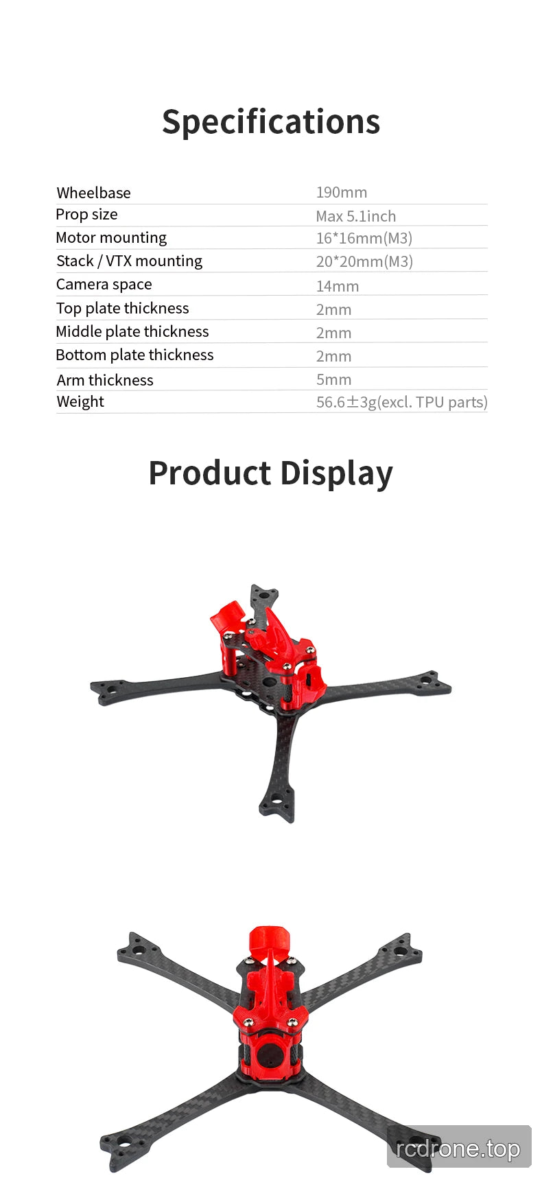 DeepSpace Raven5 racing FPV frame with carbon-fiber arms and red TPU components — section 5 of 7