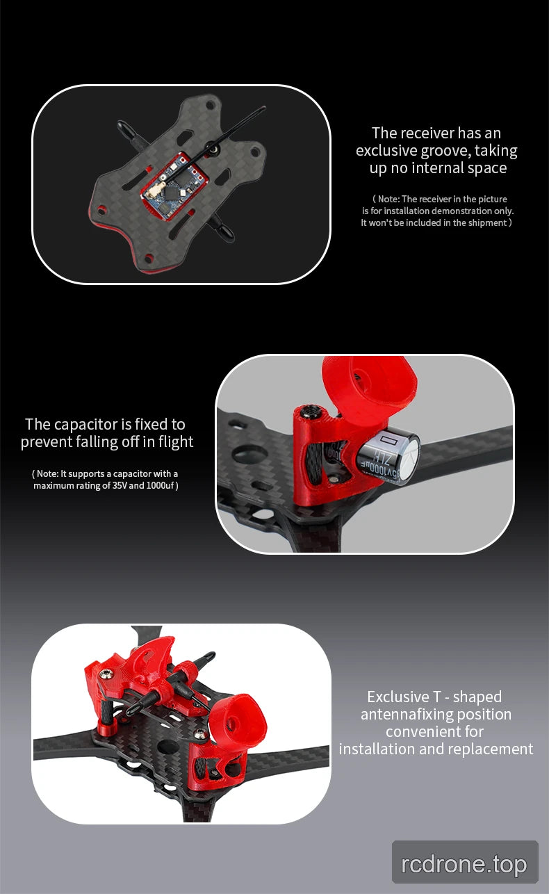 DeepSpace Raven5 racing FPV frame with carbon-fiber arms and red TPU components — section 4 of 7