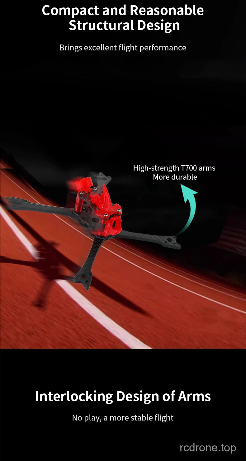 DeepSpace Raven5 racing FPV frame with carbon-fiber arms and red TPU components — section 2 of 7