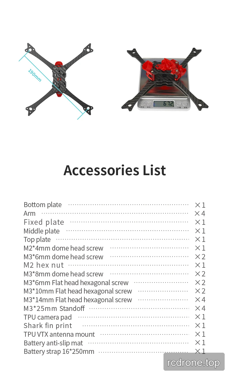 DeepSpace Raven5 racing FPV frame with carbon-fiber arms and red TPU components — section 7 of 7