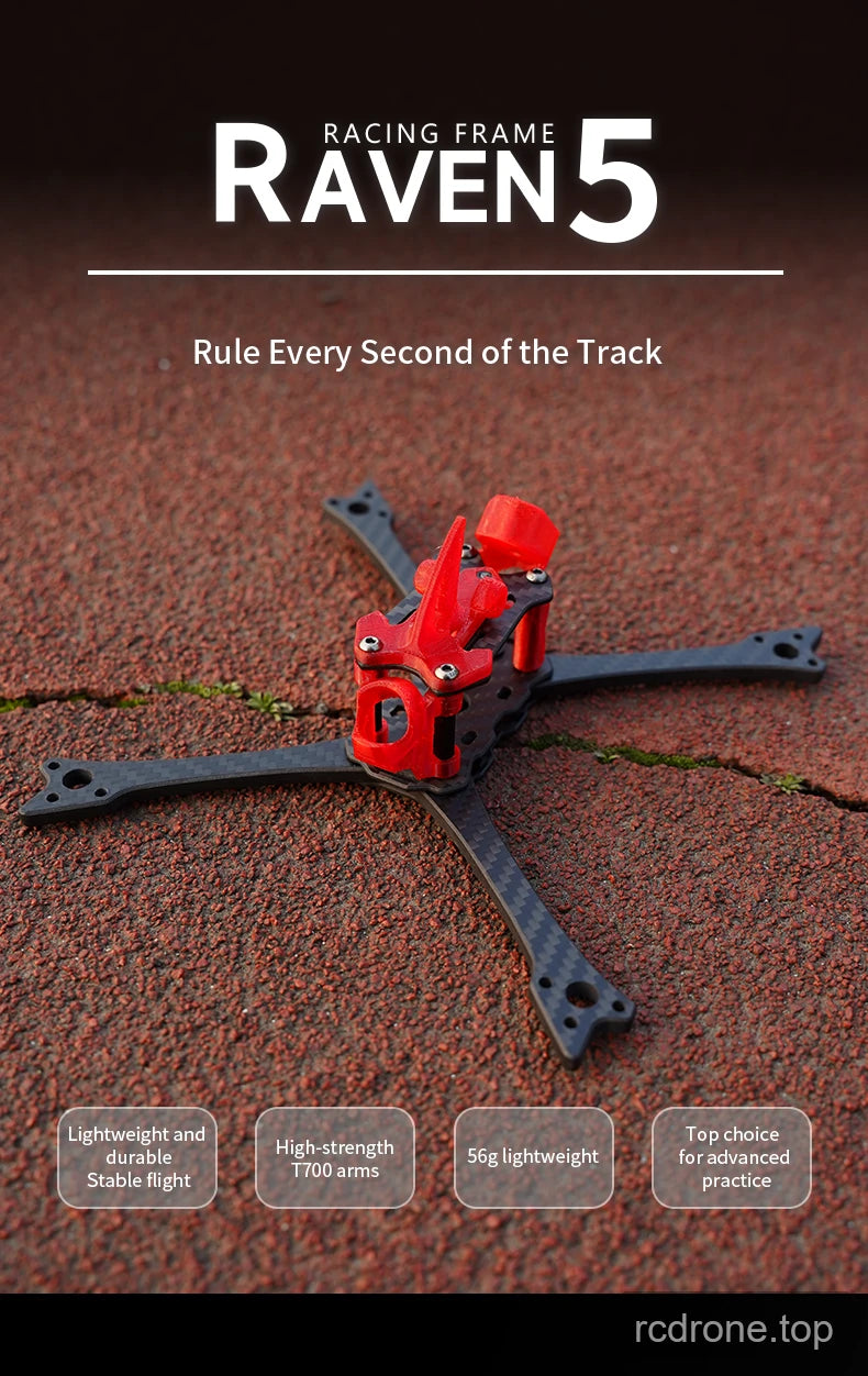 DeepSpace Raven5 racing FPV frame with carbon-fiber arms and red TPU components — section 1 of 7