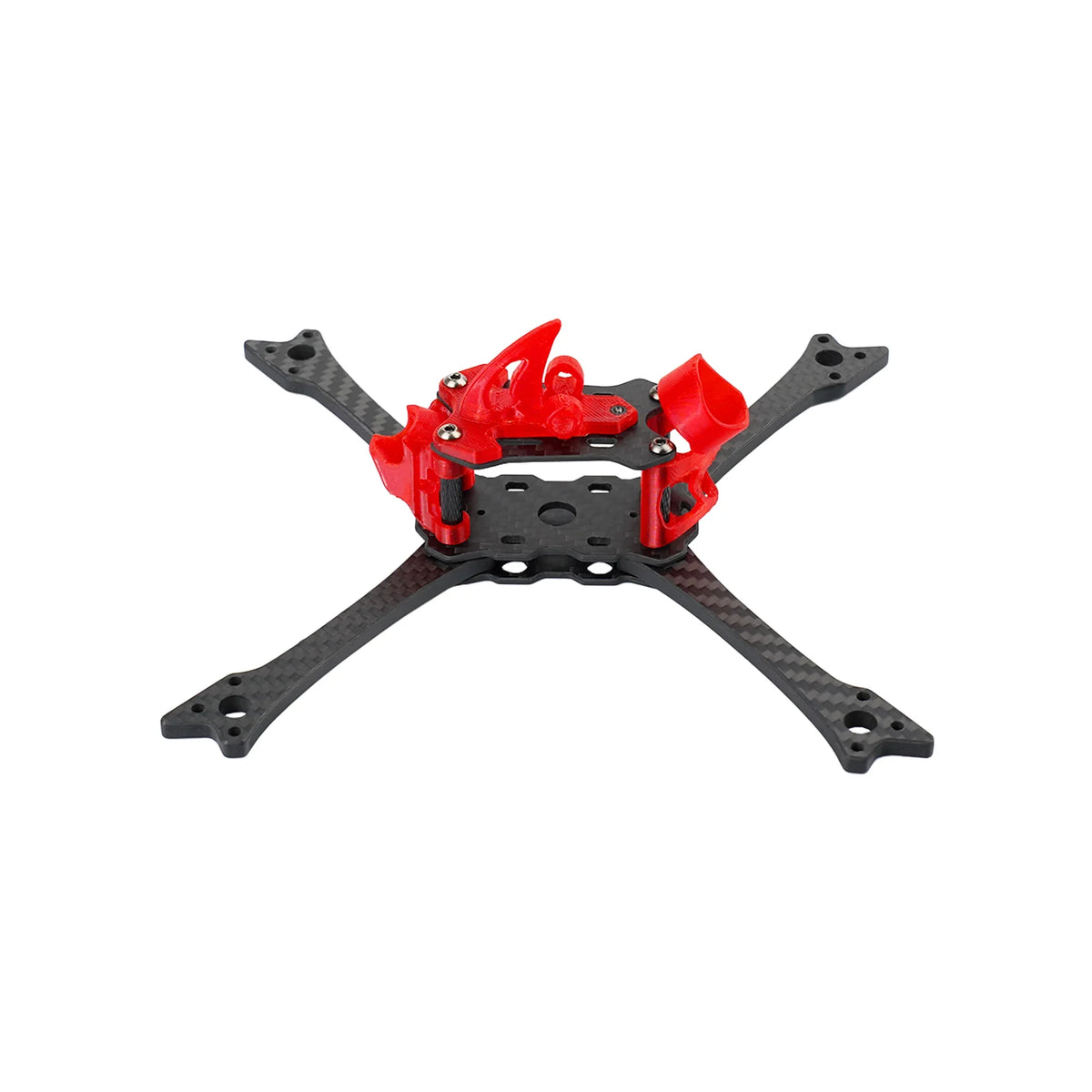 DeepSpace Raven5 FPV frame viewed from the rear, showing the carbon-fiber base, four arms, and red printed upper mounts.
