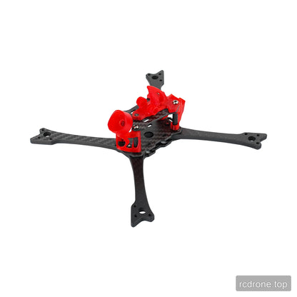 DeepSpace Raven5 carbon-fiber FPV frame from a front-side angle, showing the red circular front mount and upper bracket.