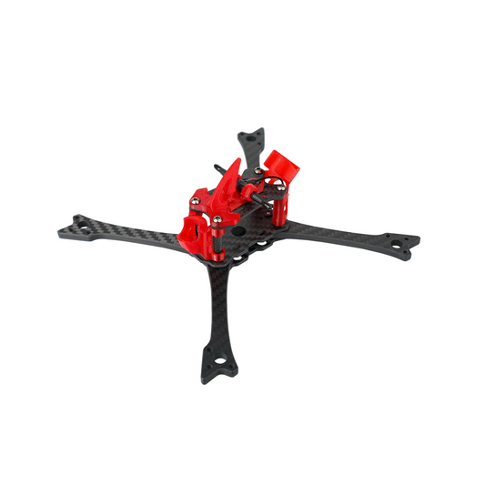 DeepSpace Raven5 carbon-fiber FPV frame assembly with red 3D-printed camera mount and four extended arms.