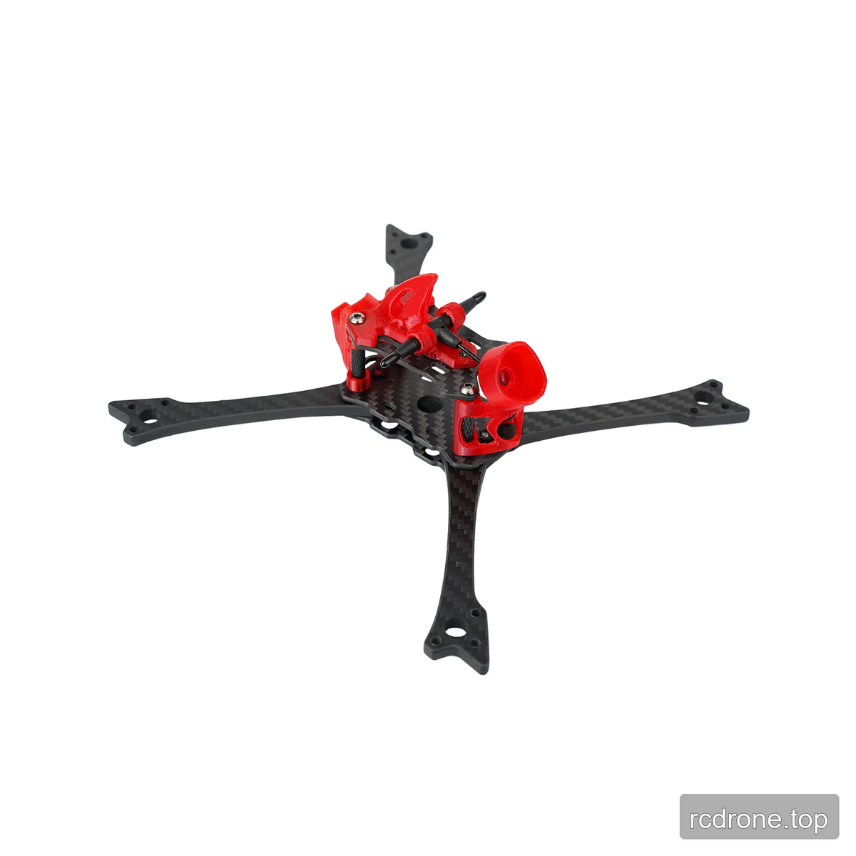 DeepSpace Raven5 carbon-fiber FPV frame at an elevated front-side angle, with red circular mount and upper frame hardware.