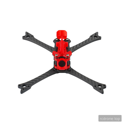 DeepSpace Raven5 FPV frame front view with four carbon-fiber arms and red printed camera-mount structure.