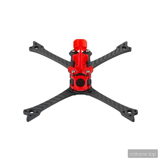 DeepSpace Raven5 FPV frame front view with four carbon-fiber arms and red printed camera-mount structure.
